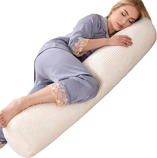 1 MIDDLE ONE Body Pillow, Memory Foam Round Body Pillows for Adults, Firm Long Bolster Pillow for Bed, Cylinder Tube Roll Pillow with Velvet Cover, 47x7.87 Inches (Off-White (Corduroy))