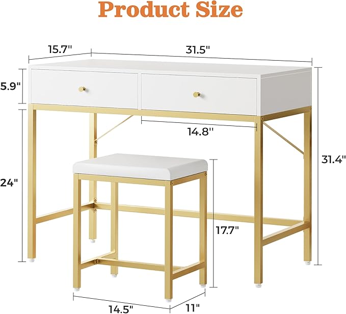 SUPERJARE 31.5" White and Gold Desk with 2 Drawers, Modern Makeup Vanity with Padded Stool, Small Computer Desk Home Office Desk for Writing Study Bedroom