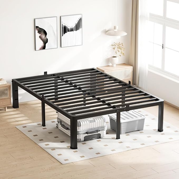 VIPSHOW 14 Inch Queen Bed Frame, 3500Lbs Heavy Duty Metal Platform with Round Corner Legs Mattress Slide Stopper, Steel Slat Support No Box Spring Needed, Noise Free, Non-Slip, Easy Assembly