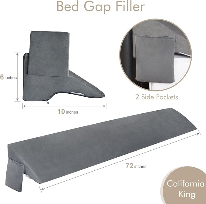 Vekkia Cal King Bed Wedge Pillow for Headboard Gap Filler(0-5"),High-Density Foam,Prevents Pillows & Items Loss,Ergonomic Design,Large Storage Pockets, Removable&Washable Cover,Gray,72''x10''x6''