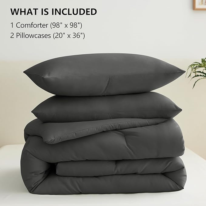 CozyLux Oversized Queen Comforter Set Dark Grey, 3 Pieces 98x98 Solid Breathable Bedding Sets All Season, Dark Gray Luxury Soft Lightweight Bed Set with Down Alternative Comforter and 2 Pillowcases
