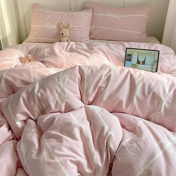 Nayoroom Pink Bow Duvet Cover Queen Size Kids Girls Cute Coquette Bedding Set 3 Pcs Soft Microfiber Reversible White Striped Comforter Cover Gifts for Women