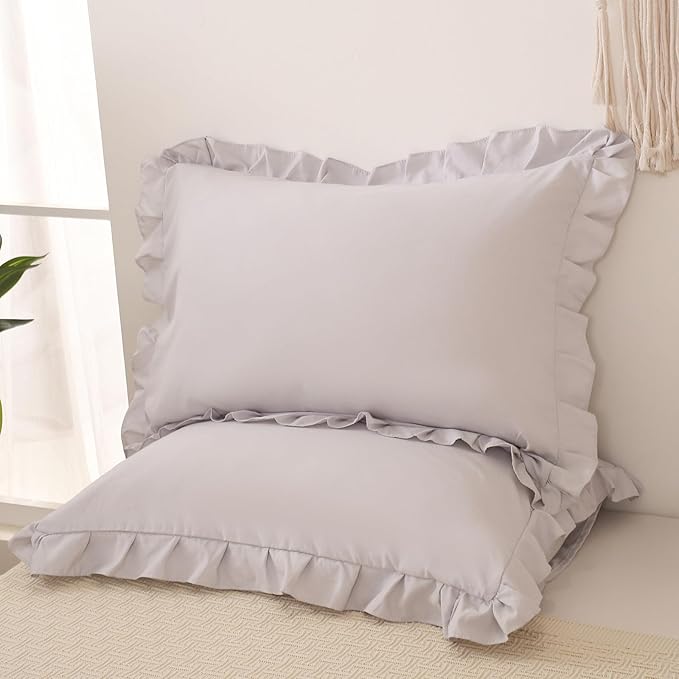 Merryword Beige Gray Pillowcases King Pillowcases Ruffled Pillow Shams Set of 2 Cute Pillowcases Solid Ruffled Fringe Design Light Gray Shabby Chic Pillowcases 2 Pack (King (20''x36''), Beige Gray)
