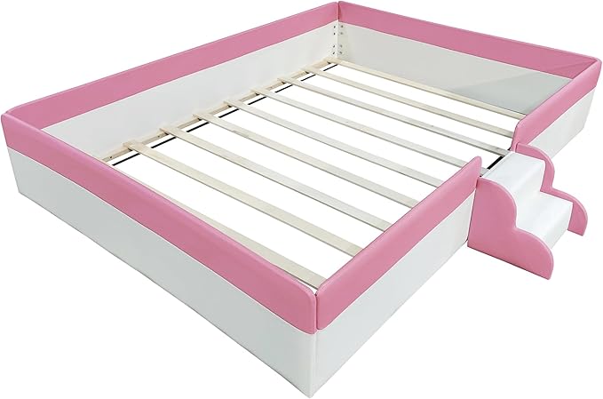 Merax King Size Kids Floor Bed, Daybed Frame with Fence and Stairs, White+Pink Upholstered Wood Bed for Living Room