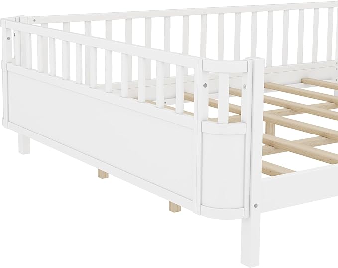 Bellemave Queen Size Montessori Bed with Fence & Slats, Platform Bed Frame with Detachable Side Rails, Rounded Corners, Safe & Easy Assembly,White Montessori Bed Queen Size