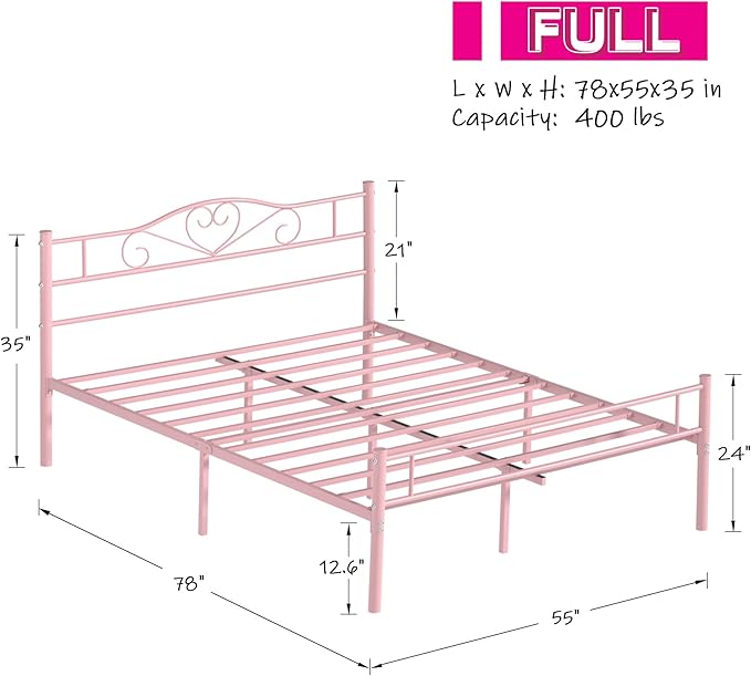 VECELO 14 Inch Full Size Metal Platform Bed Frame with Headboard and Footboard, Heavy Duty Mattress Foundation with Steel Slats Support, No Box Spring Needed, Pink