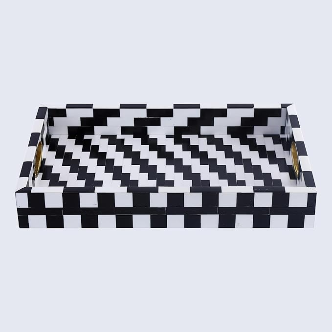 Handicrafts Home Optique Pixel Ottoman Tray 17x11, Handmade Resin Inlay Decorative Tray, Black White Geometric Coffee Table Centerpiece, Large Designer Serving Tray for Living Room Décor