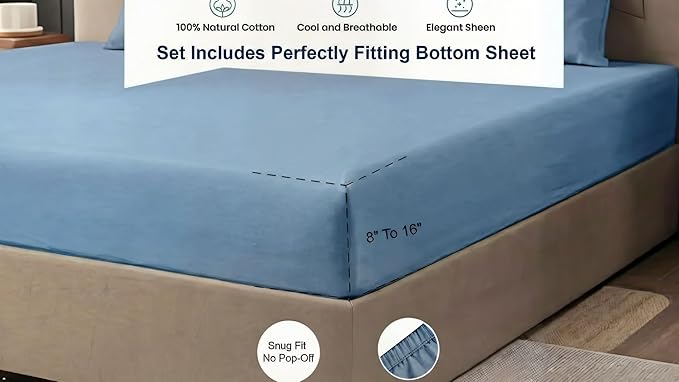 Rajlinen Short Queen RV Camper Sheet Set (60x75) – 100% Egyptian Cotton, Soft & Cooling, 16" Deep Pocket Fitted Sheet, Luxury Hotel Quality Bedding for RVs, Campers & Motorhomes (Cadet Blue)