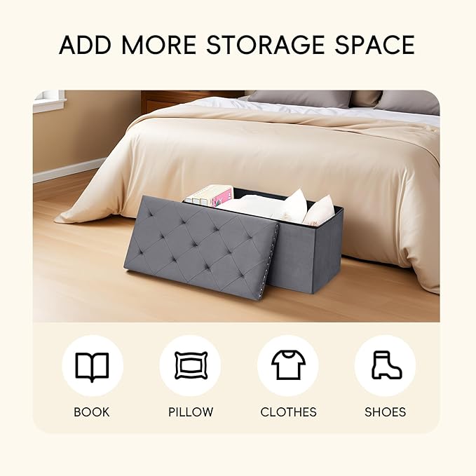 PINPLUS Storage Ottoman Bench, Folding Velvet Fabric Ottomans with Storage, Large Long Shoes Chest with Rivet Design, Blanket Chests Foot Rest Stool for Bedroom Living Room, Grey,30"x15"x15"