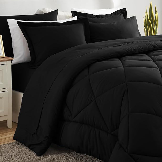 CozyLux Queen Comforter Set Black - Bed in a Bag Queen Size 7 Pieces, Luxury Soft Bed Set for All Seasons, Bedding Set with Down Alternative Comforter, Sheets, Pillowcases & Shams (Pack of 2)