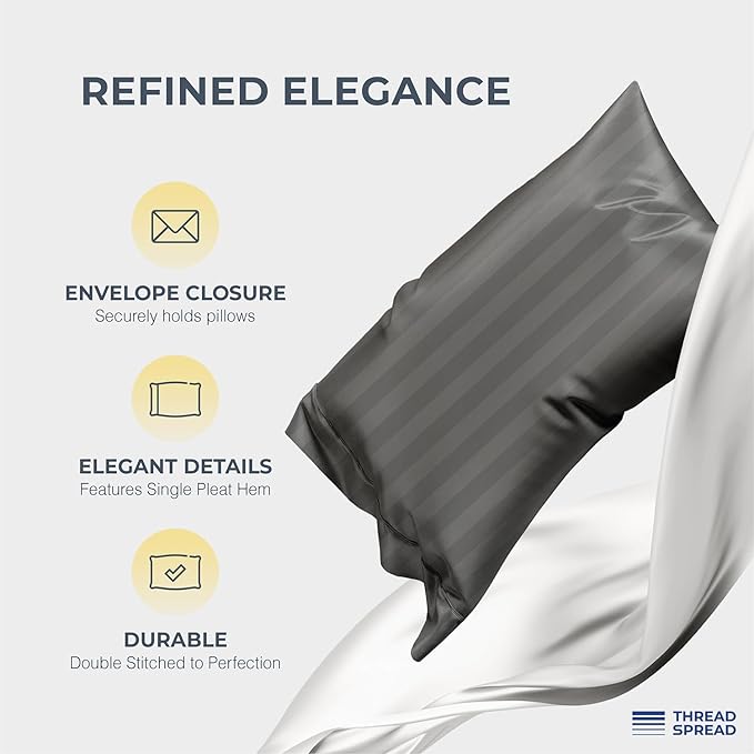 THREAD SPREAD 100% Egyptian Cotton Damask King Size Sheets Set - Luxury 1500 Series Egyptian Cotton Sheets King Size (4 PC, Dark Grey Stripe), Silky Soft, Sateen & Cooling, 17" Deep Pocket Bed Set