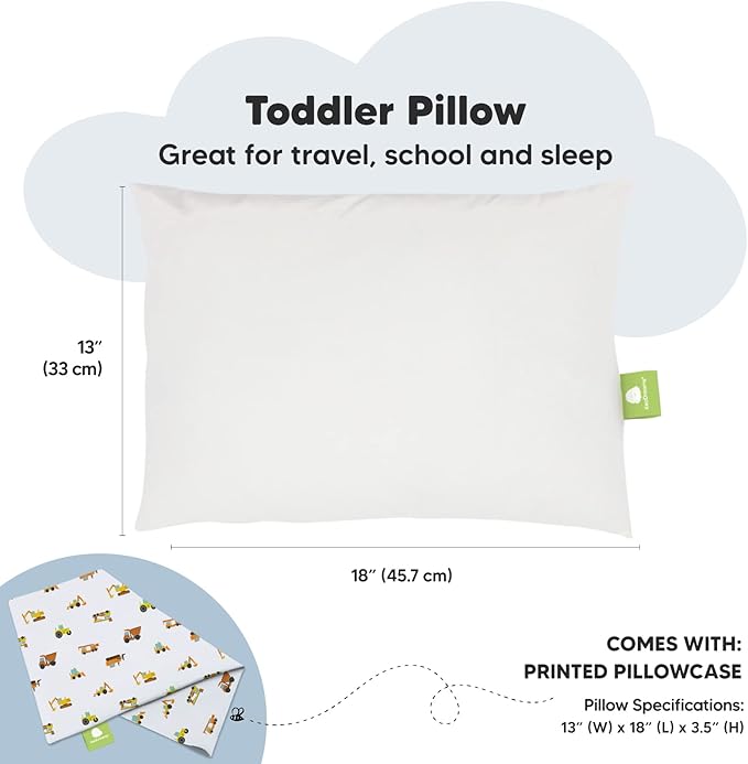 Toddler Pillow with Pillowcase - 13x18 My Little Dreamy Kids Travel Bed Pillows for Sleeping, Organic Cotton Small Pillowcase, Soft & Breathable, Machine Washable, Toddlers 2-5 years old(Construction)