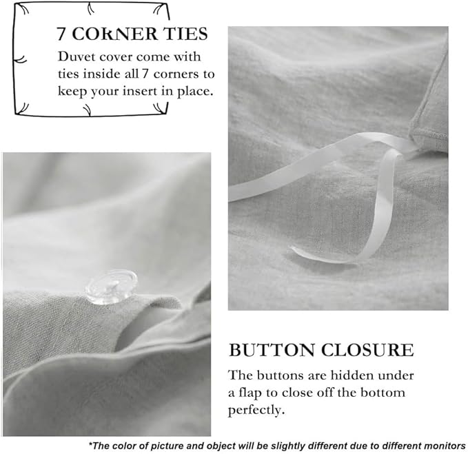Simple&Opulence 100% Linen Duvet Cover Set with Embroidery Border Washed - 3 Pieces (1 Duvet Cover with 2 Pillow Shams) with Button Closure Soft Breathable Farmhouse - Light Grey, Full Size