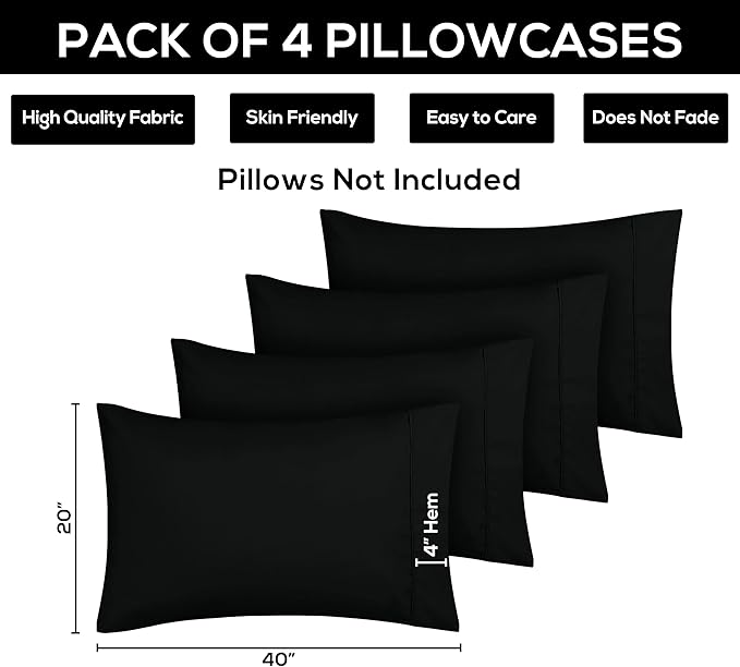 Utopia Bedding King Pillow Cases - 4 Pack - Envelope Closure - Soft Brushed Microfiber Fabric - Shrinkage and Fade Resistant Pillow Covers King Size 20 X 40 Inches (King, Black)