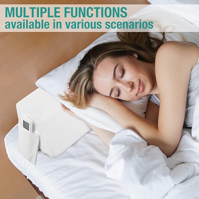 Vekkia Queen Bed Wedge Pillow for Headboard – High-Density Foam Fills Gaps (0-5.5") Between Mattress and Headboard, Wedge Pillow with Pockets for Phone & Remotes, Washable Cover(White)