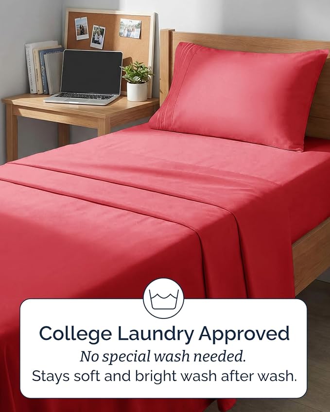 Twin XL Size 3 Piece Sheet Set - Comfy Breathable & Cooling Sheets - Hotel Luxury Bed Sheets for Women & Men - Deep Pockets, Easy-Fit, Extra Soft and Wrinkle Free Sheets - Red Oeko-Tex Bed Sheet Set