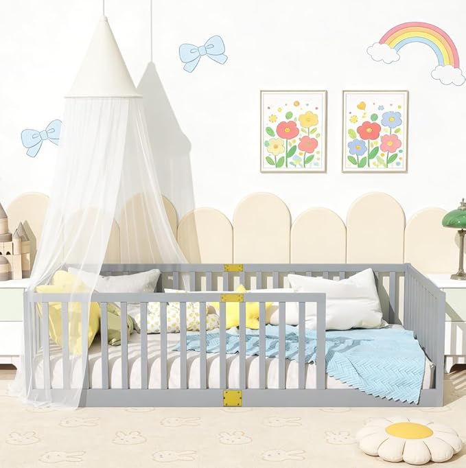 Bellemave Twin Size Montessori Floor Bed with 21.5" High Rails, Rubber Wood Twin Floor Bed with Slats, Gray