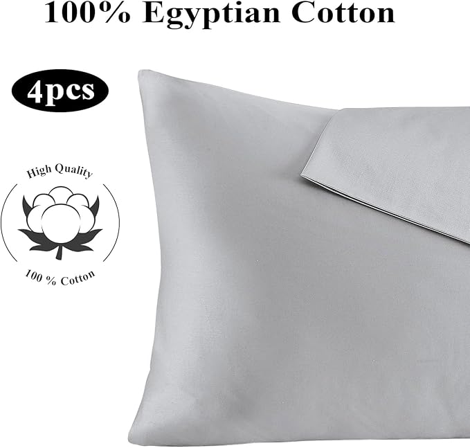 100% Egyptian Cotton King Pillow Protectors Set of 4, 400 Thread Count Sateen Weave Cooling Pillowcase, Easy Care Zippered Style Pillow Covers (4 Pack, Gray, King)