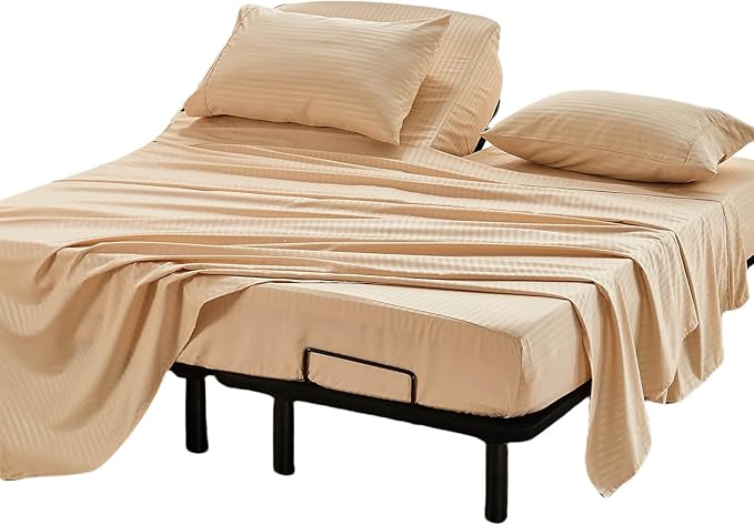 Kingnex Striped Split Top California King Sheets Sets for Adjustable Bed 4 Pieces Include 1 Flex Head Fitted Cal King Sheet 1 Flat Sheet 2 King Size Pillowcases Beige