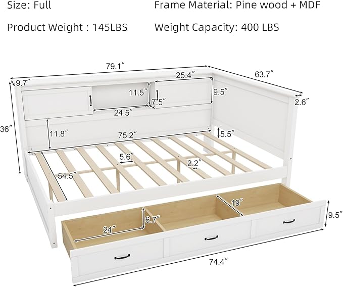 Merax Full Size Corner Bed Frames with Storage Drawers, USB Port, Led Downlight Headboard & Bookcase, Wooden Captain Daybed for Small Room, Bedroom, Kids'Room, Box Spring Not Required Bed Frames