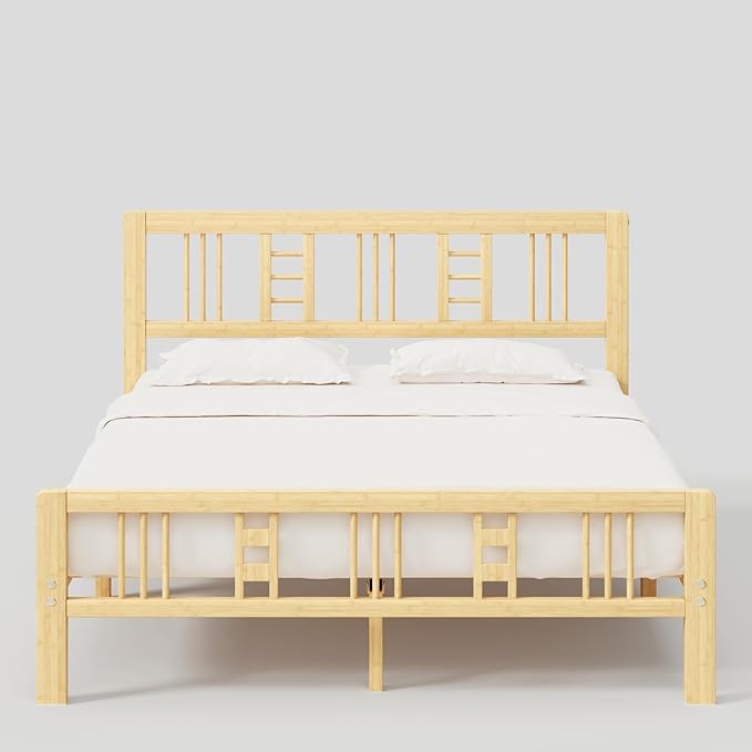 14 Inch High Bamboo Full Size Bed Frame with Headboard and Footboard, Wood Full Bed Frame No Box Spring Needed Heavy Duty, Metal Slat Support, Easy Assembly, Noise Free, Reinforced