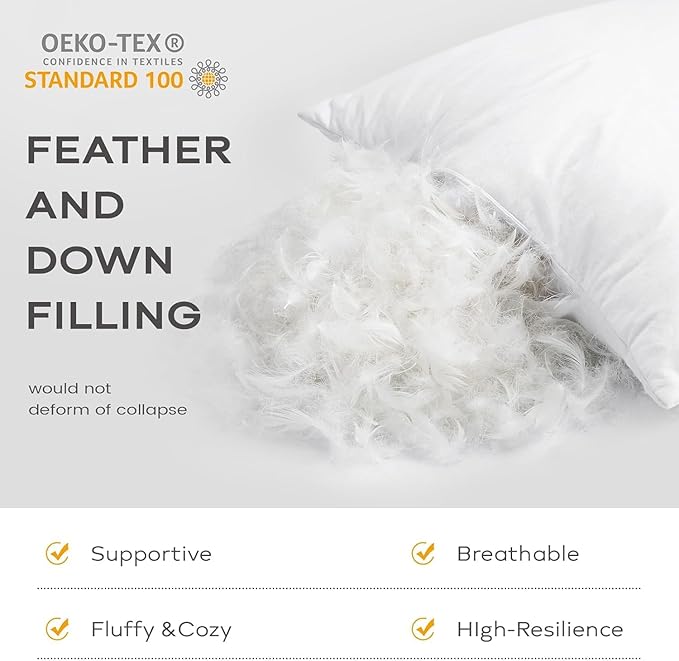 SAVORI 14x24 Lumbar Pilow Insert, Set of 2 Down Feather 14x24 Euro Pillow Inserts, Soft Fluffy Sleeping Pillow with 100% Cotton Cover, Decorative Throw Pillows for Couch Sofa Bed-White