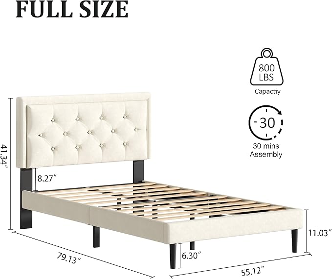 CXVX Full Size Platform Bed Frame with Upholstered Velvet Button Tufted Headboard, Mattress Foundation with Wooden Slat Support, No Box Spring Needed, Easy Assembly, Noise Free, Beige