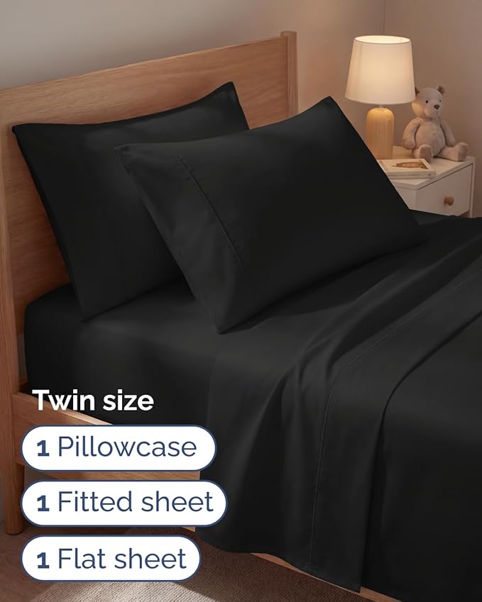 Twin 4 Piece Sheet Set - Comfy, Breathable & Cooling - Soft Hotel Luxury Bedding for Women, Men, Kids, Teens & Children - 1 Flat & 1 Fitted Sheet & 2 Pillowcases w/ Deep Pockets - Wrinkle Free - Black