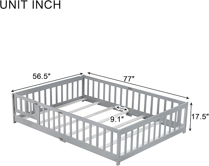 Bellemave Full Size Floor Bed with Slats and Safety Guardrail, Full Size Montessori Floor Bed with Fence and Door, Easy Assemble Montessori Beds for Kids, Girls, Boys, Gray