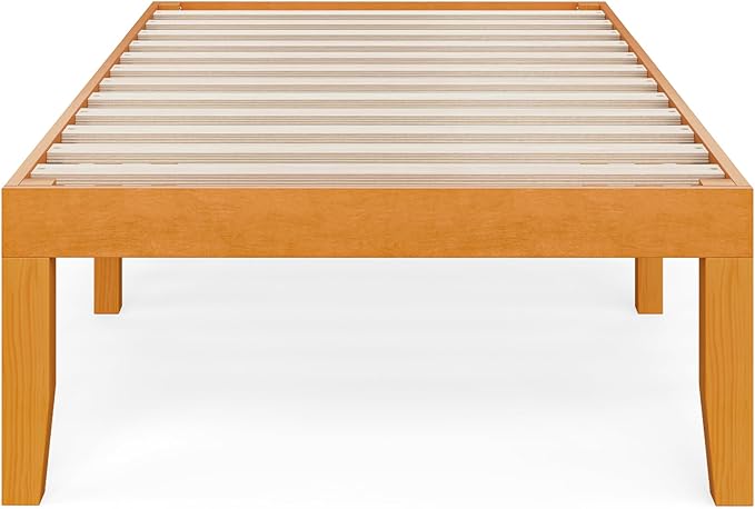 DUMOS Twin Size Solid Wood Bed Frame 16 Inches, Sturdy Platform Bed with Heavy Duty Wood Slat Support, No Box Spring Needed, Easy Assembly, Natural Pine