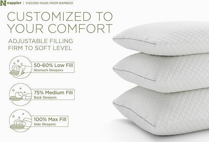 Nappler Cooling Pillow for hot Sleepers - Bed Pillows Queen Size Premium Set of 2 - Adjustable Shredded Memory Foam - Medium to Firm Pillows for Back, Stomach & Side Sleepers -Washable Cover