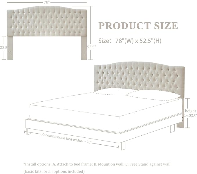 Furpopup Linen Upholstered Headboard King/Cal King Size Latest Model Wall Mount, Bed Frame Mount, Featuring High-Density Sponge Padding, Luxury Texture Easy Assembly Comfort and Style-Ivory