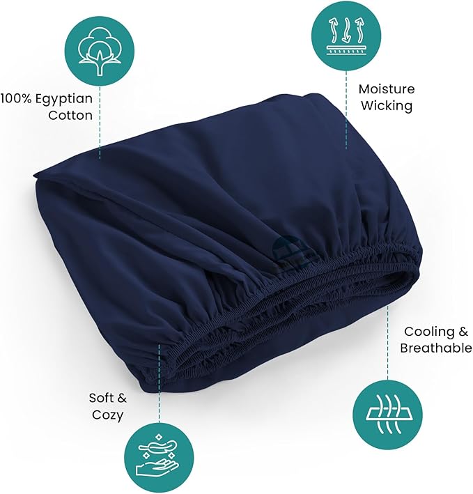 Twin XL Fitted Sheet 39 x 80 Inches 4" Deep Pocket 100% Egyptian Cotton 600 Thread Count Snug Fit for Trifold Mattress, Narrow Twin, Camp Bunk, Guest Bed, Army Cot Soft & Breathable – Navy Blue