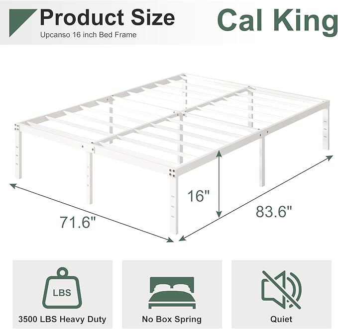 Upcanso 16 Inch White California King Bed Frames No Box Spring Need, Platform Cal King Bed Frame with High Storage, Eassy Assembly 3,500 lbs Heavy Duty Bedframes