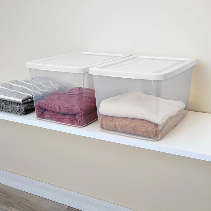Sterilite 6 Pack Storage Boxes, Clear Plastic Stackable Containers, Lightweight Home Organizers with Snap Lids, 20 Quart, White