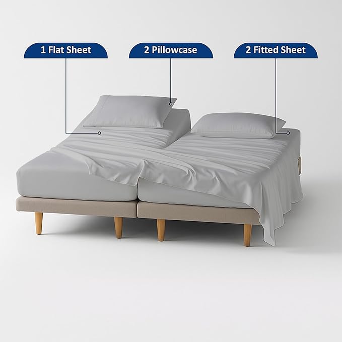 5 Piece Split Cal King Sheet Set, 100% Egyptian Cotton, 16 Inch Deep Pockets, Light Grey Solid, Soft Cooling Sheets for Adjustable Beds, Sleep Number Beds, Split Cal King Mattress Sheet Set