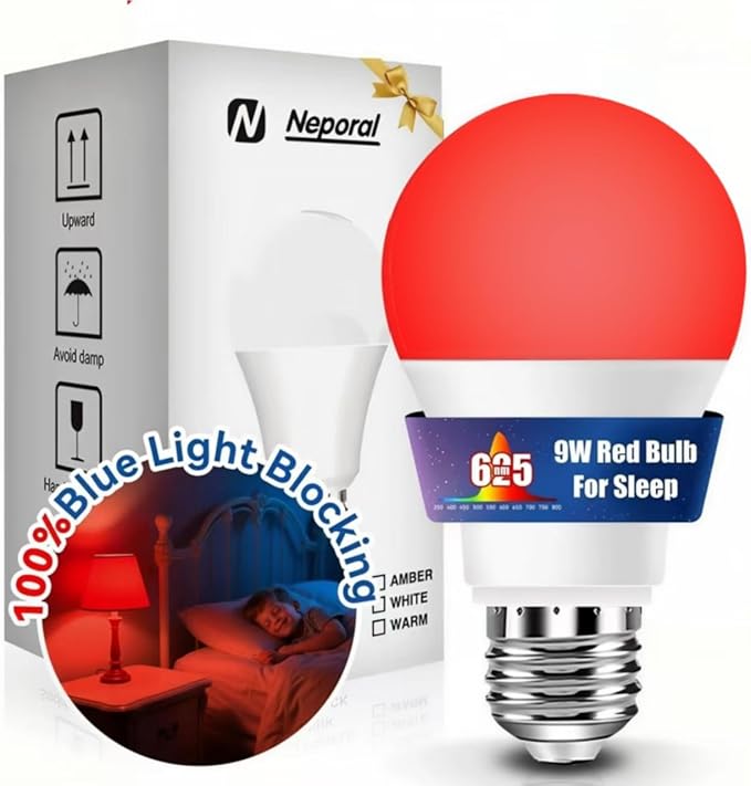 Neporal 625nm Red Light Bulbs for Sleep, 100% Blue Light Blocking Bulb for Melatonin Promote, A19 LED 9W 60W Red Night Bulb for Baby Nursery, Sleep, Read, Bedroom 1PK (White When Off, Red When on)