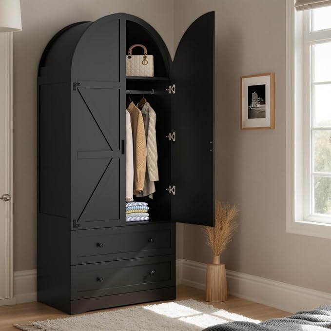 Black Armoire Wardrobe Closet,Wooden Wardrobe with 2 Doors and 2 Drawers,Bedroom Freestanding Armoire Storage Cabinet with Hanging Rack,Wardrobe Storage with with Hanging Rod for Bedroom, Cloak Room