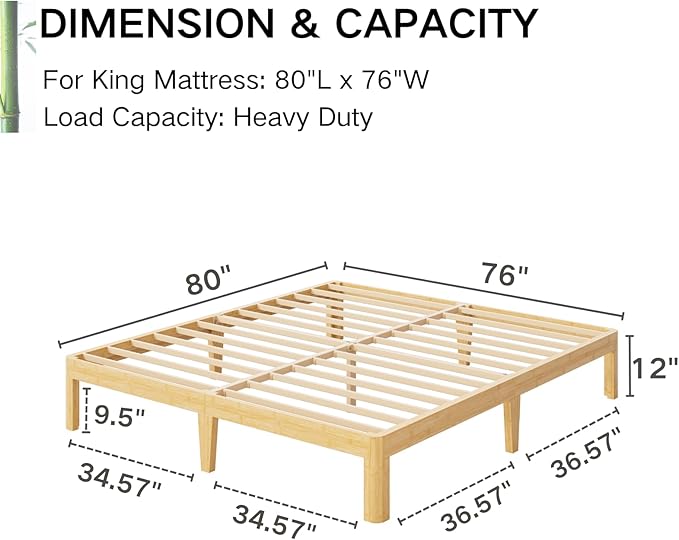 12 Inch High Bamboo Wood King Bed Frame Platform, Steel Slats Support King Size Bed Frame, Heavy Duty, No Box Spring Needed, Noise Free, Easy Assembly