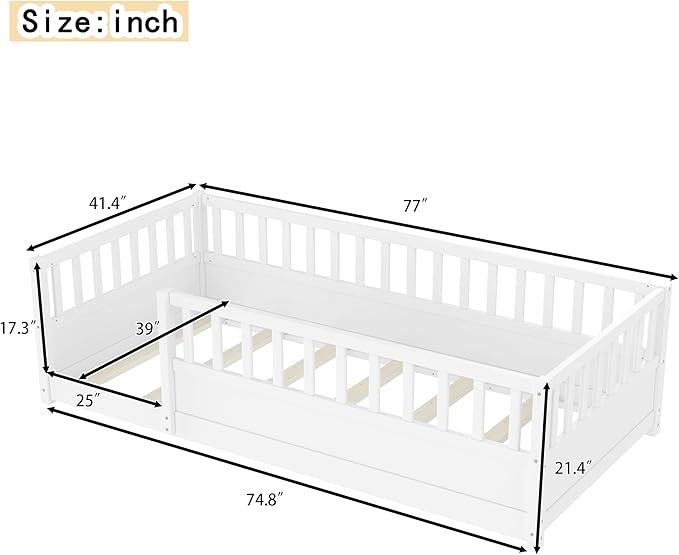 Bellemave Twin Floor Bed with high Fence, Solid Pine Wood Montessori Bed for Kids Girls Boys Floor Bed Frame, White with slats