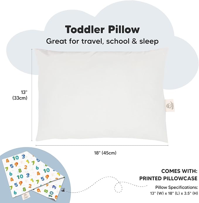 Toddler Pillow with Pillowcase - 13x18 My Little Dreamy Kids Travel Bed Pillows for Sleeping, Organic Cotton Small Pillowcase, Soft & Breathable, Machine Washable, Toddlers 2-5 years old (Dino123)