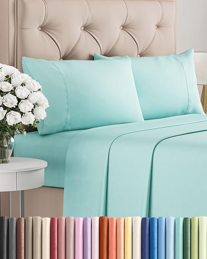 Twin 4 Piece Sheet Set - Comfy, Breathable & Cooling - Hotel Luxury Bedding for Women, Men, Kids, Teens and Children - 1 Flat & 1 Fitted Sheet & 2 Pillowcases w/ Deep Pockets - Wrinkle Free - Spa Blue