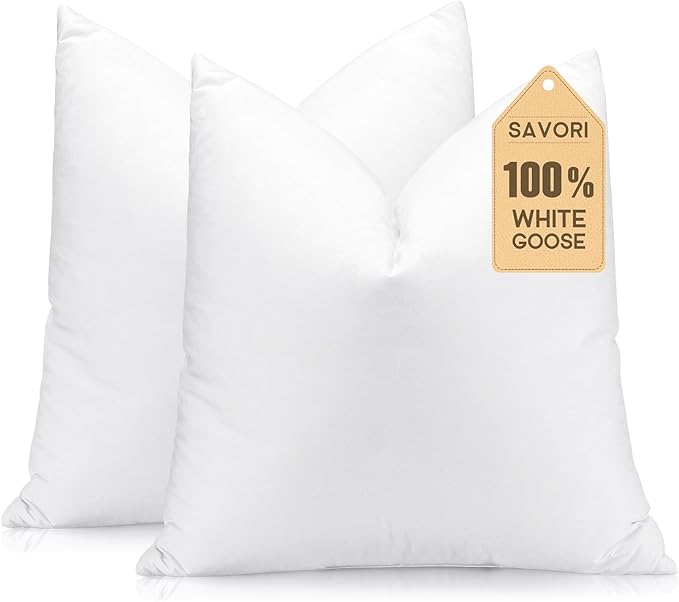 SAVORI Set of 2 Down and Feather Throw Pillow Inserts 12x12 Soft Fluffy Pillow Inserts with 100% Down-Proof Cotton Cover, Decorative Square Cushion Inner for Sofa Couch Bed-White