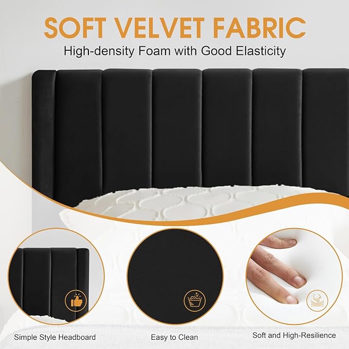 Full Bed Frame Upholstered Platform,Full Size Bed Frame with Velvet Headboard,Non-Slip and Noise-Free/Wooden Slats Support/No Box Spring Needed/Easy Assembly/Mattress Foundation Black (Black, Full)
