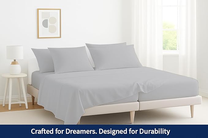 7 Piece Split King Sheet Set, 100% Egyptian Cotton, 16 Inch Deep Pockets, Light Grey Solid, Soft and Durable Sheets for Adjustable Beds, Sleep Number Beds, Split King Sheets