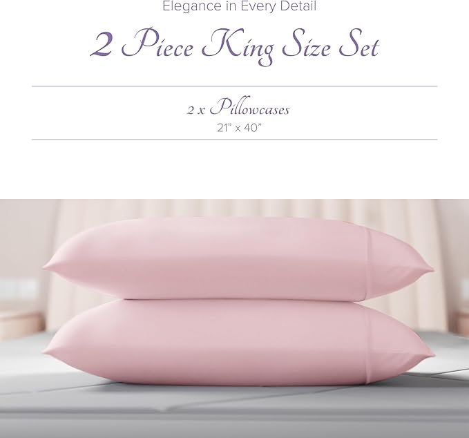 Carressa Linen 100% Egyptian Cotton King Size Pillow Cases Set of 2 - Luxury 600 Series Hydrangeas Collection King Pillowcases (Soft Blush), Cooling, Sateen Weave Hotel Quality Bed Pillow Cover