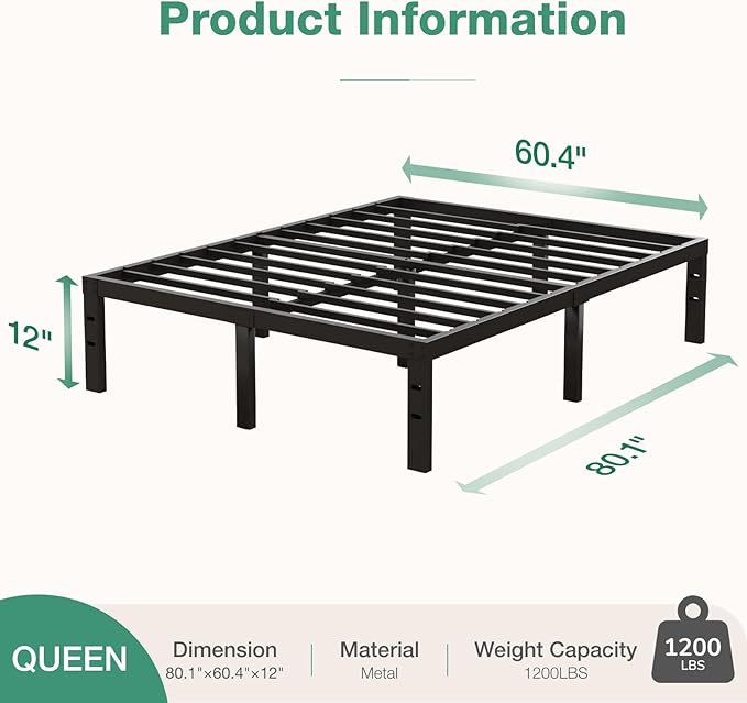 Novilla Bed Frame Queen Size, 12 Inch Simplicity Metal Platform Queen Bed Frame with Underbed Storage, No Box Spring Needed, Heavy Duty Steel Slat Support, for Bedroom, Guest Room, Noiseless