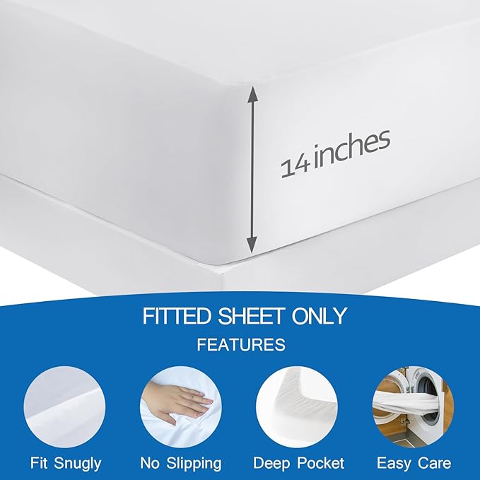 Twin XL Fitted Sheet Only, Twin XL Size Sheets for College Dorm Room Essentials Up to 14 Inches Deep Procket, Perfect Hospital Bed Sheets Stretchable Breathable Jersey Knit Cover, White