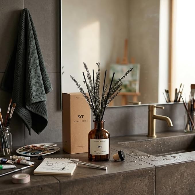 WEALD TRIBE Reed Diffuser Set for Bathroom Air Fresheners, Oil Diffuser Sticks with Flower | Balsam Fir Scent 4.0 fl oz Home Fragrance with Sticks Defusers | House Bedroom Office Shelf Decor
