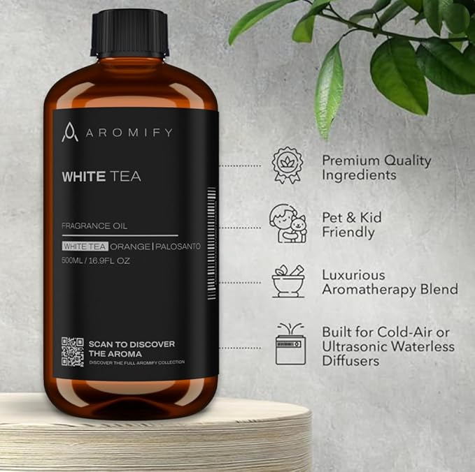 White Tea Diffuser Oil, 16.9 FL Oz, 500 mL, Aroma Essential Oil for Scent Diffusers, Luxury Hotel Scent for Home, Bathroom, Spa & Office, Natural White Tea, Orange & Palosanto Scents